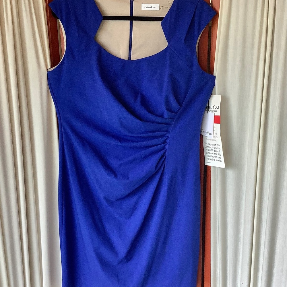 New Calvin Klein Stretch Ruched Sheath Dress Royal Blue Size 14